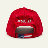 Back of the red MUGA hat showing white #MUGA embroidery above an American flag adjustable strap closure.