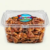 Uranus Fudge Factory & General Store pecan brittle in a clear 1 lb. plastic tub, front view