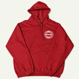 Front of a red pullover hoodie with white Uranus Fire Dept. Maltese cross emblem on the left chest