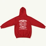 Back of a red Uranus Fire Dept. hoodie with white Maltese cross emblem, slogan "When Uranus Is Hot We Come Real Quick," and  www.uranusmissouri.com