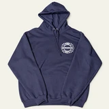 Front of a navy pullover hoodie with white Uranus Fire Dept. Maltese cross emblem on the left chest