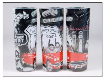 Three views of a tall Route 66 souvenir glass featuring a classic red convertible car, a highway shield, and vintage gas station motif