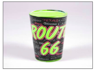 A black souvenir shot glass featuring neon green and pink Route 66 text over a background of state names