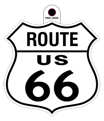 Route 66 road sign sheild sticker in white with black text and outline. 