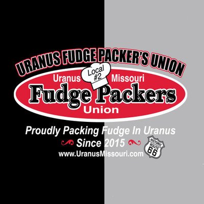 Close-up of the official Uranus Fudge Packer Union Local #2 logo, boldly claiming 'Proudly Packing Fudge in Uranus Since 2015'.