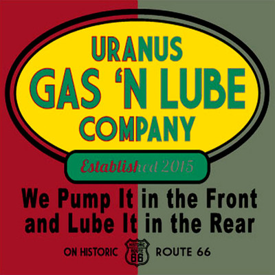 Close-up of Uranus Gas ’N Lube logo on red and also on green tee, emphasizing oval design and funny slogan text