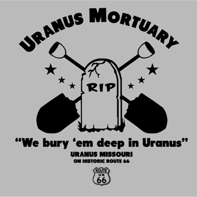 Close-up of the tombstone graphic on the Uranus Mortuary novelty t-shirt