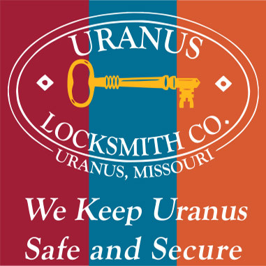 A graphic design for "Uranus Locksmith Co." featuring a white oval logo with a gold skeleton key. The company name and "Uranus, Missouri" are written in white serif text. Below the logo, a bold tagline reads, "We Keep Uranus Safe and Secure." The background is divided into three vertical stripes of maroon, teal, and orange.