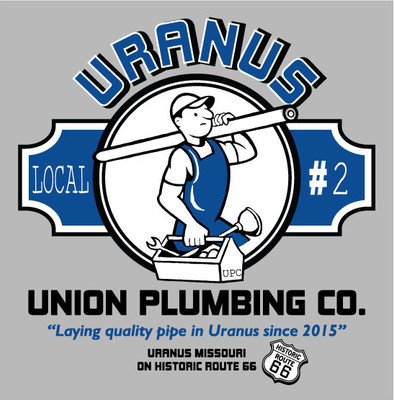 Close-up of the vintage plumbing graphic on the Uranus Plumbing Co t-shirt