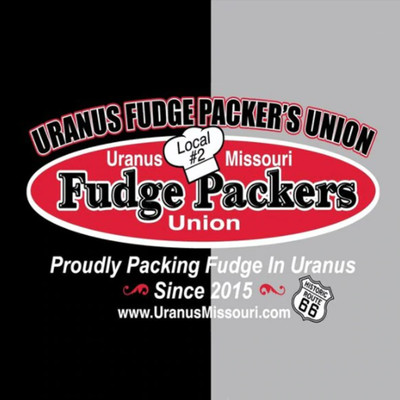A graphic logo presented on a background split vertically with black on the left and grey on the right. Arched across the top in black text with a red and white outline is "URANUS FUDGE PACKER'S UNION". In the center is a red oval containing a white chef's hat marked "Local #2", flanked by the white words "Uranus" and "Missouri".