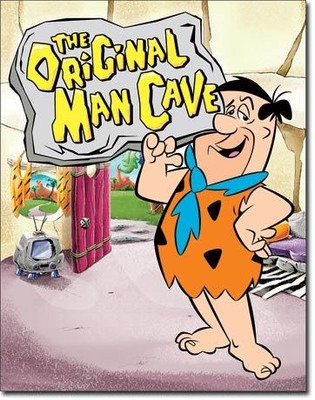 Retro style metal sign featuring Fred Flintstone with a stone tablet reading The Original Man Cave.