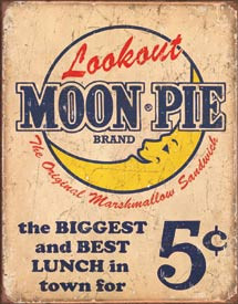 Retro style metal sign for Lookout Moon Pie brand advertisement featuring a crescent moon man and a five cent price.