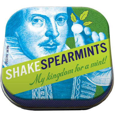 A novelty tin of Shakespearmints featuring a blue portrait of William Shakespeare holding a white spearmint candy