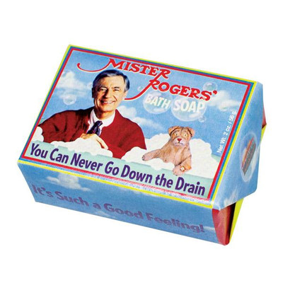 A boxed bar of Mister Rogers' Foam Bath Soap featuring a nostalgic illustration of Fred Rogers and Daniel Tiger