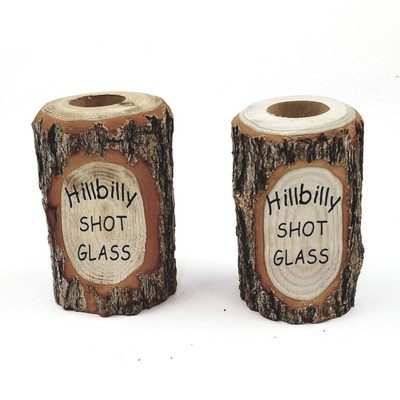 Side view of the rustic wooden Hillbilly Shot Glass redneck joke gift