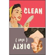 A retro clean dirty magnet featuring vintage illustrations of women with a reversible design