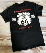 Back of black t-shirt with large Route 66 shield from Uranus, Missouri.