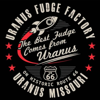 A close-up of the vintage rocket logo on the classic Best Fudge T-Shirt from the Uranus Fudge Factory.