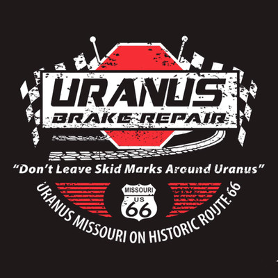 Close-up of the Uranus Brake Repair graphic on the black novelty t-shirt