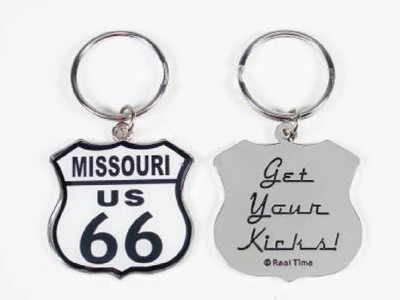 A shield-shaped Route 66 Missouri keychain from Uranus Fudge Factory.