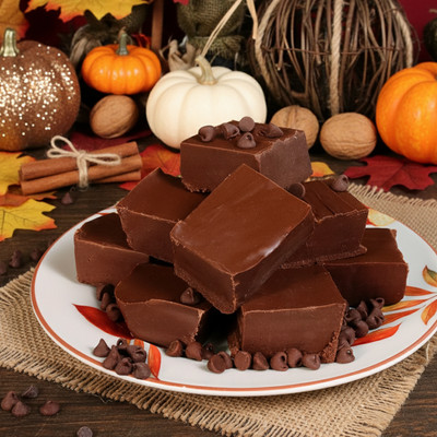 Chocolate Fudge from Uranus on a plate with fall decor Chocolate Fudge from Uranus on a plate with fall decor