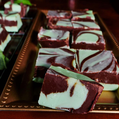 Rich Chocolate Mint Fudge from the Uranus Fudge Factory, elegantly displayed on a gold platter.
