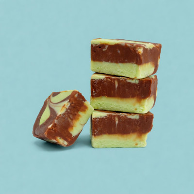A stack of three square pieces of two-layered chocolate and green mint fudge, with a fourth piece leaning against the base, set against a solid light blue background.