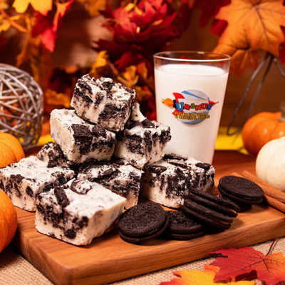 Cookies and Cream Fudge from Uranus on a cutting board with fall decor Cookies and Cream Fudge from Uranus on a cutting board with fall decor