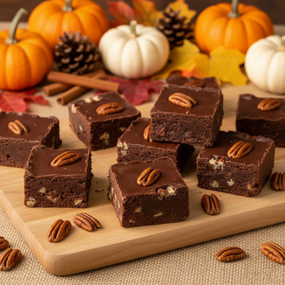 Chocolate Pecan Fudge from Uranus laying on a cutting board with fall decor Chocolate Pecan Fudge from Uranus laying on a cutting board with fall decor