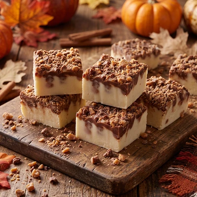 Vanilla fudge squares with chocolate swirl and toffee crumble topping on a rustic fall table
