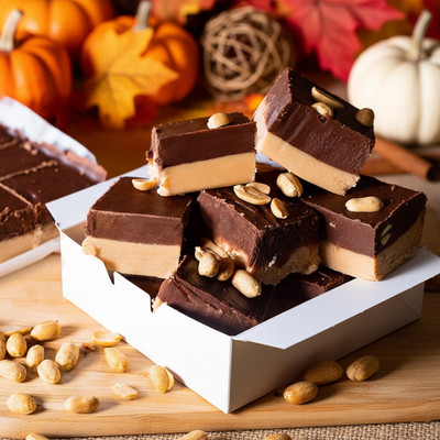 Reduced Sugar Peanut Butter Chocolate Fudge from Uranus in a box with fall decor Reduced Sugar Peanut Butter Chocolate Fudge from Uranus in a box with fall decor