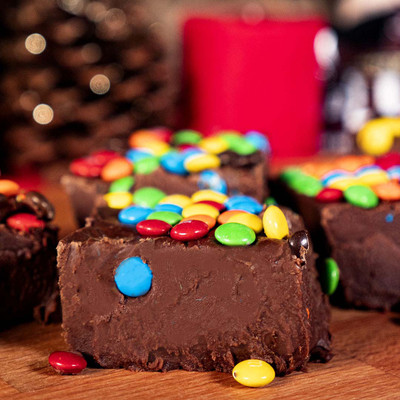 M&M Fudge from Uranus on cutting board