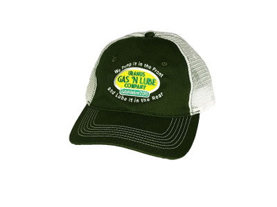 A forest green and white mesh trucker hat with contrast stitching on the brim. The front features an embroidered yellow oval patch that reads 'URANUS GAS 'N LUBE COMPANY' and 'Established 2015'. 