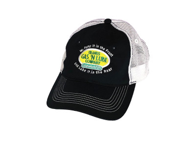 A black and white trucker hat with a Uranus Gas 'N Lube logo embroidered on the front.
