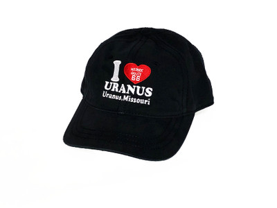 Black baseball cap featuring an embroidered "I Heart Uranus" Route 66 slogan by Uranus Fudge Factory.