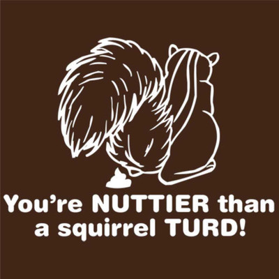 Novelty graphic with a squirrel line drawing and funny Nuttier Than a Squirrel Turd quote.