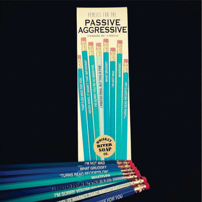 Packaged set of blue Pencils for the Passive Aggressive next to loose pencils.