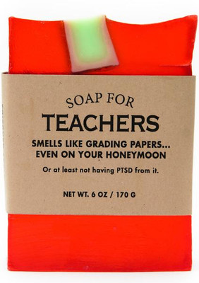 A bright red novelty bar of Soap for Teachers from Uranus Fudge Factory