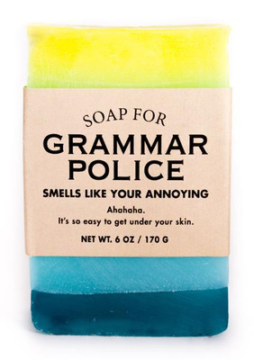 A multi colored yellow, green, and blue layered novelty bar of Soap for Grammar Police from Uranus Fudge Factory