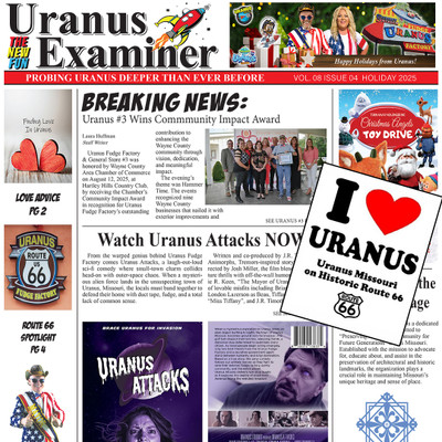A promotional graphic styled as a newspaper front page for "The Uranus Examiner," dated Holiday 2025. The layout features various "breaking news" headlines such as "Uranus #3 Wins Community Impact Award" and "Watch Uranus Attacks NOW!" An "I [Heart] URANUS" sticker is layered over the right side of the page, covering some text.