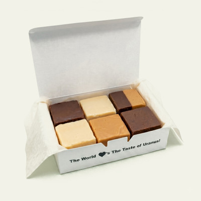 Reduced sugar fudge sampler in open box with chocolate, vanilla, peanut butter, and peanut butter chocolate pieces on an off-white background.