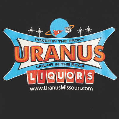 Retro Uranus Liquors space star logo graphic on a solid black background from Uranus Fudge Factory
