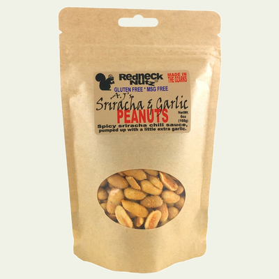 Sriracha & Garlic Peanuts pouch with a clear window showing seasoned snacks inside by Uranus Fudge Factory.