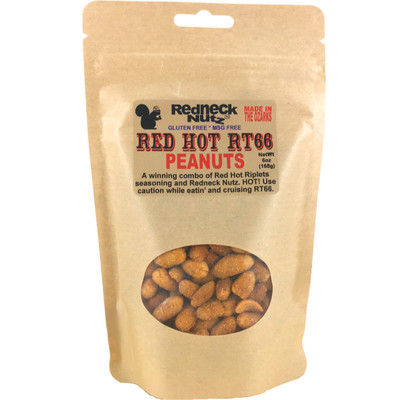 Red Hot RT66 Peanuts pouch with a clear window showing spicy seasoned snacks inside by Uranus Fudge Factory.