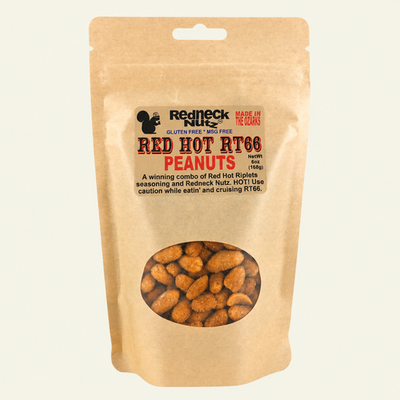Red Hot RT66 Peanuts pouch with a clear window showing spicy seasoned snacks inside by Uranus Fudge Factory.
