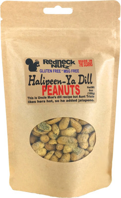 Halipeen-Ya Dill Peanuts pouch with a clear window showing seasoned snacks inside by Uranus Fudge Factory.