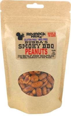 Smoky BBQ Peanuts pouch with a clear window showing seasoned snacks inside by Uranus Fudge Factory.