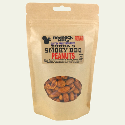 Smoky BBQ Peanuts pouch with a clear window showing seasoned snacks inside by Uranus Fudge Factory.