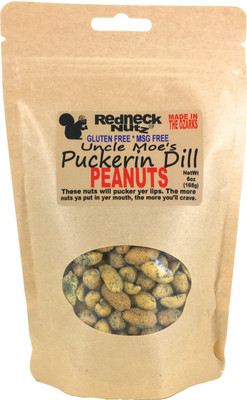 A 6 oz resealable bag of Puckerin' Dill Redneck Nutz. 