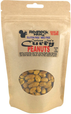 A 6 oz resealable bag of Curry Redneck Nutz.